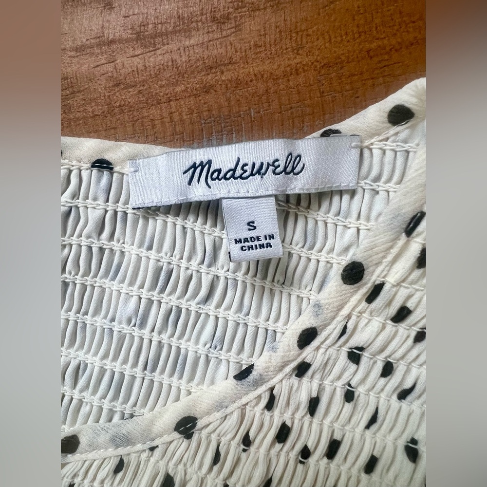Madewell Smocked Ruffle-Shoulder Midi Dress Inkbrush Dots Cream Black Polka Dot - Picture 12 of 13